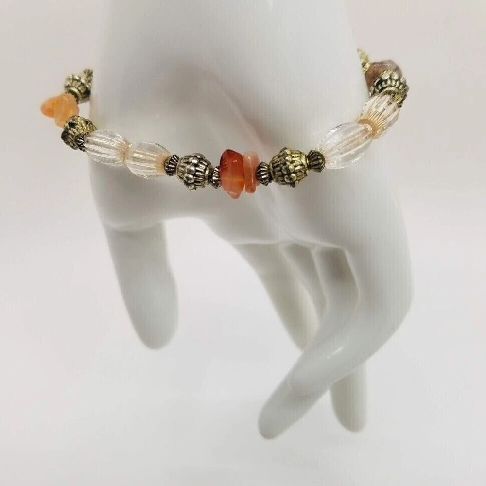 Boho Beaded Stretch Bracelet Carnelian Agate Glass‎ Crystal Gold Tone Accents
